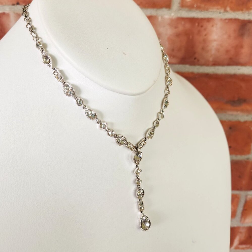 Elegant Silver-Tone Cubic Zirconia Y-Necklace With Teardrop Pendant - Picture 3 of 7